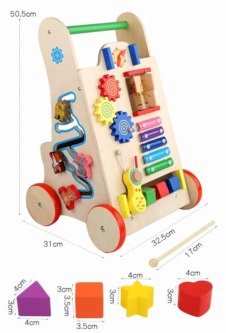 Montessori Holz Aktivitätswagen – 8-in-1 Lernspielzeug mit Musik