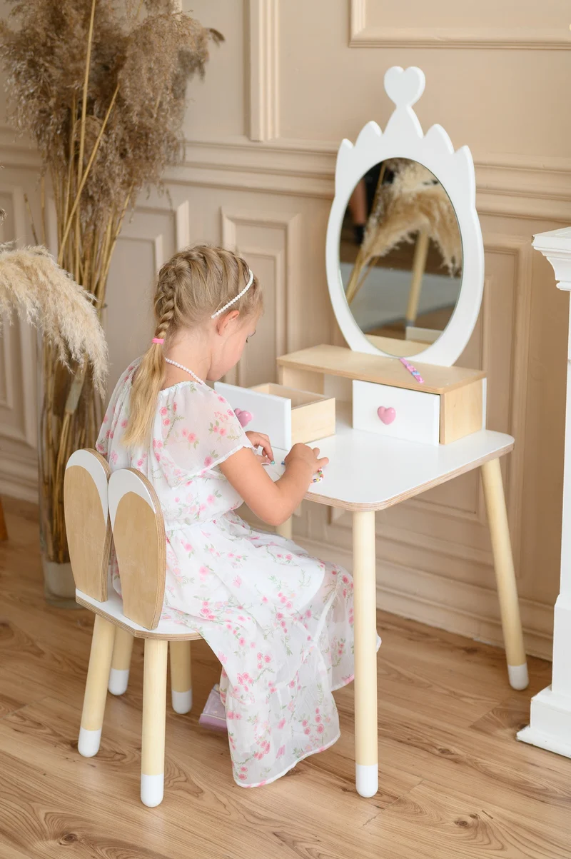 Kinder Schminktisch mit Spiegel & Stuhl – Holz Spieltisch Set