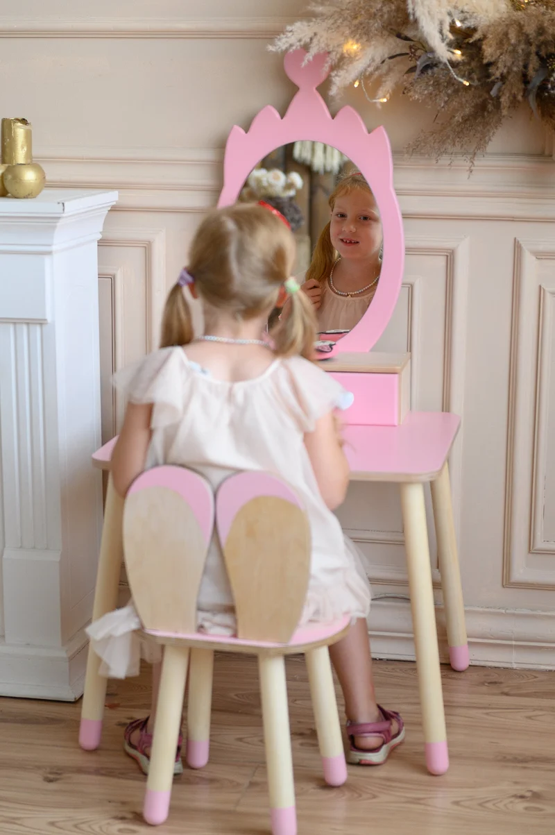 Kinder Schminktisch mit Spiegel & Stuhl – Holz Spieltisch Set