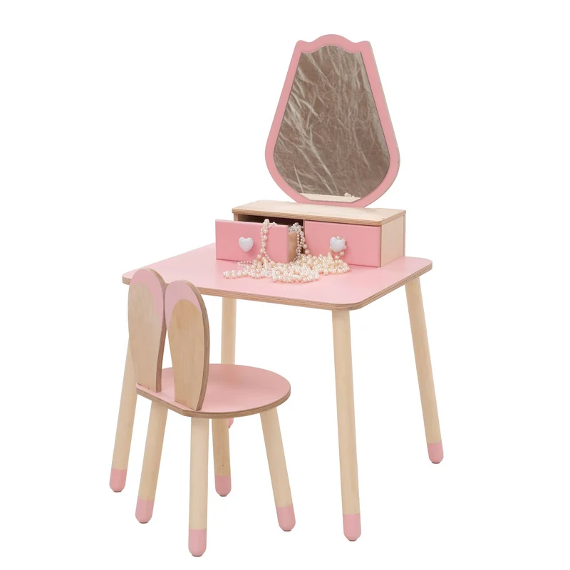 Kinder Schminktisch mit Spiegel & Stuhl – Holz Spieltisch Set