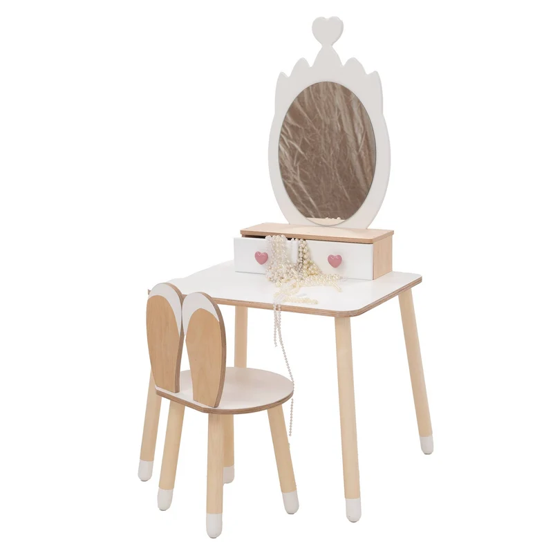 Kinder Schminktisch mit Spiegel & Stuhl – Holz Spieltisch Set