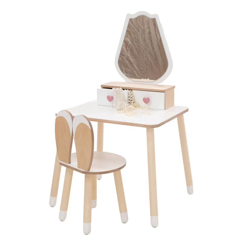 Kinder Schminktisch mit Spiegel & Stuhl – Holz Spieltisch Set