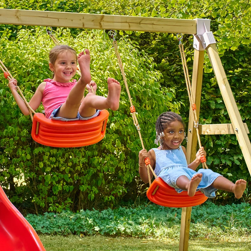 Bras de portique en bois FSC® 2 balançoires rouges pour cabane enfant modulable
