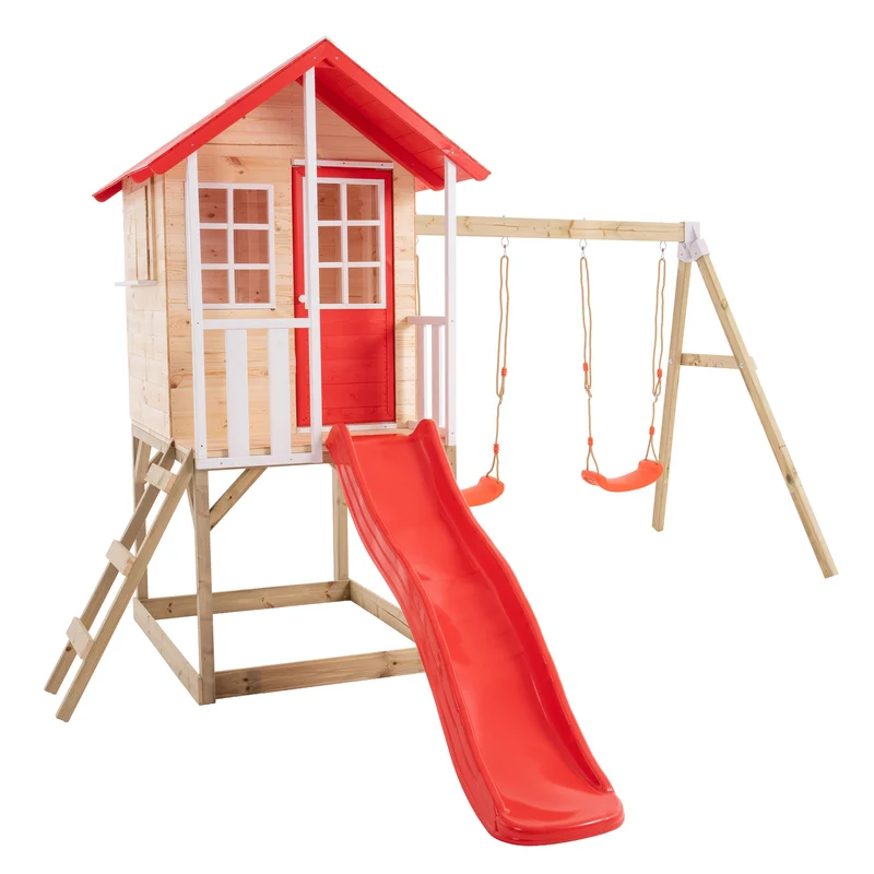 Cabane enfant modulable sur pilotis 2 balançoires et toboggan - bois FSC® - COQUELICOT