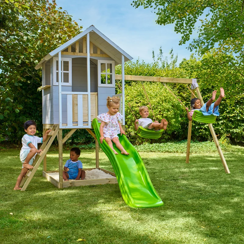 Cabane enfant modulable sur pilotis 2 balançoires et toboggan - bois FSC® - PERCE-NEIGE