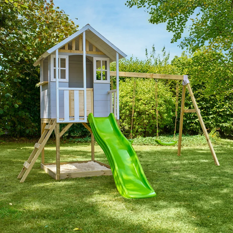 Cabane enfant modulable sur pilotis 2 balançoires et toboggan - bois FSC® - PERCE-NEIGE