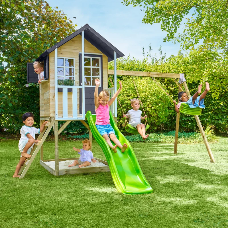 Cabane enfant modulable sur pilotis 2 balançoires et toboggan - bois FSC® - JACINTHES