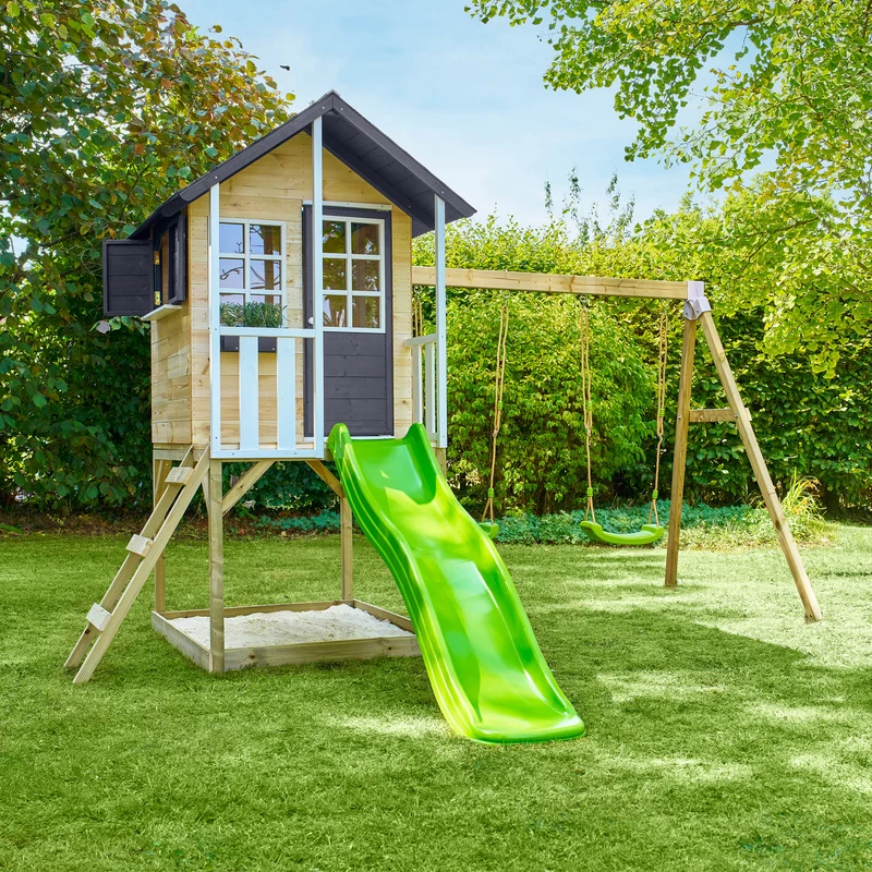 Cabane enfant modulable sur pilotis 2 balançoires et toboggan - bois FSC® - JACINTHES