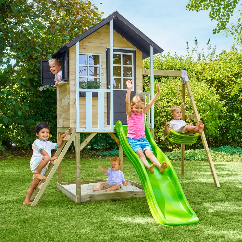 Cabane enfant modulable sur pilotis avec balançoire et toboggan - bois FSC® - JACINTHES