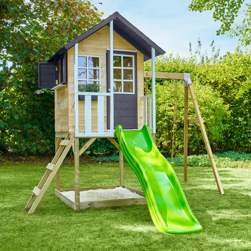 Cabane enfant modulable sur pilotis avec balançoire et toboggan - bois FSC® - JACINTHES