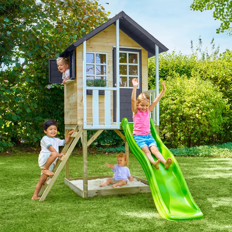Cabane enfant modulable sur pilotis avec toboggan - bois FSC® - JACINTHES