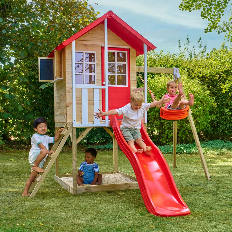 Cabane enfant modulable sur pilotis avec balançoire et toboggan - bois FSC® - COQUELICOT
