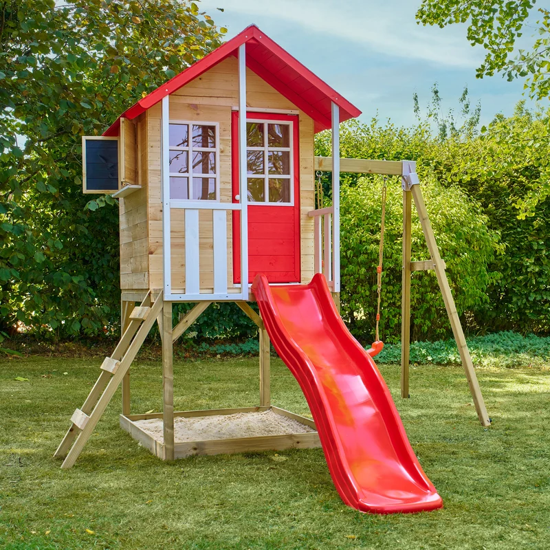 Cabane enfant modulable sur pilotis avec balançoire et toboggan - bois FSC® - COQUELICOT