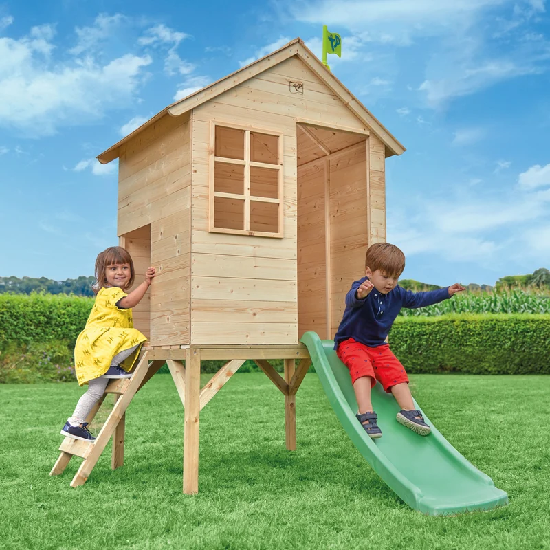 Cabane enfant sur pilotis avec toboggan vert pomme - bois FSC® - SUNNYSIDE