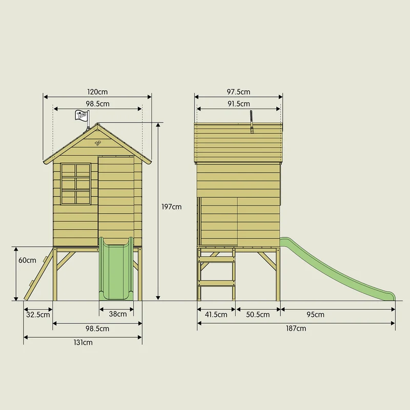 Cabane enfant sur pilotis avec toboggan vert pomme - bois FSC® - SUNNYSIDE
