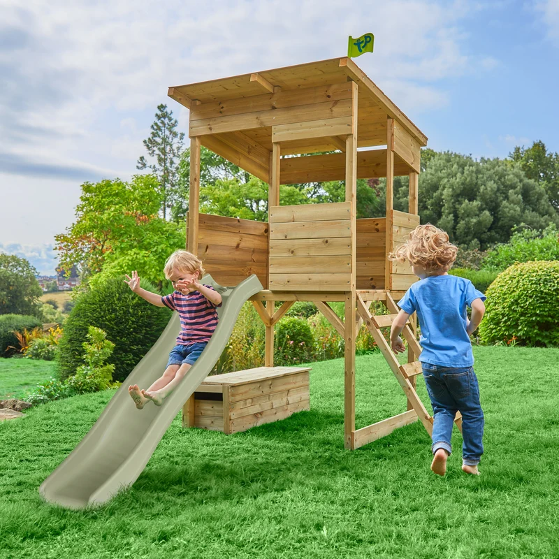 Cabane enfant sur pilotis avec toboggan vert kaki - bois FSC® - CIMES