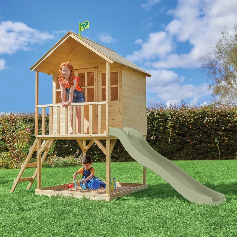 Cabane enfant sur pilotis avec toboggan vert kaki - bois FSC® - COLLINE