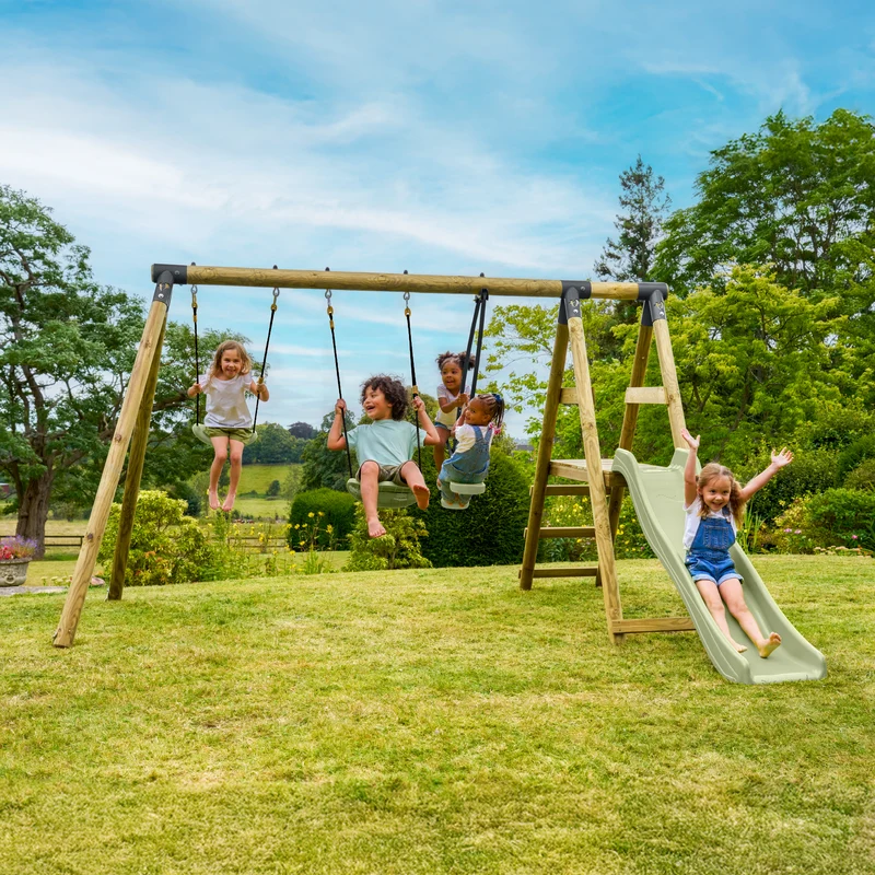 Portique 2 balançoires avec vis-à-vis et toboggan - bois PEFC™ - H190 cm - ARRUCAT