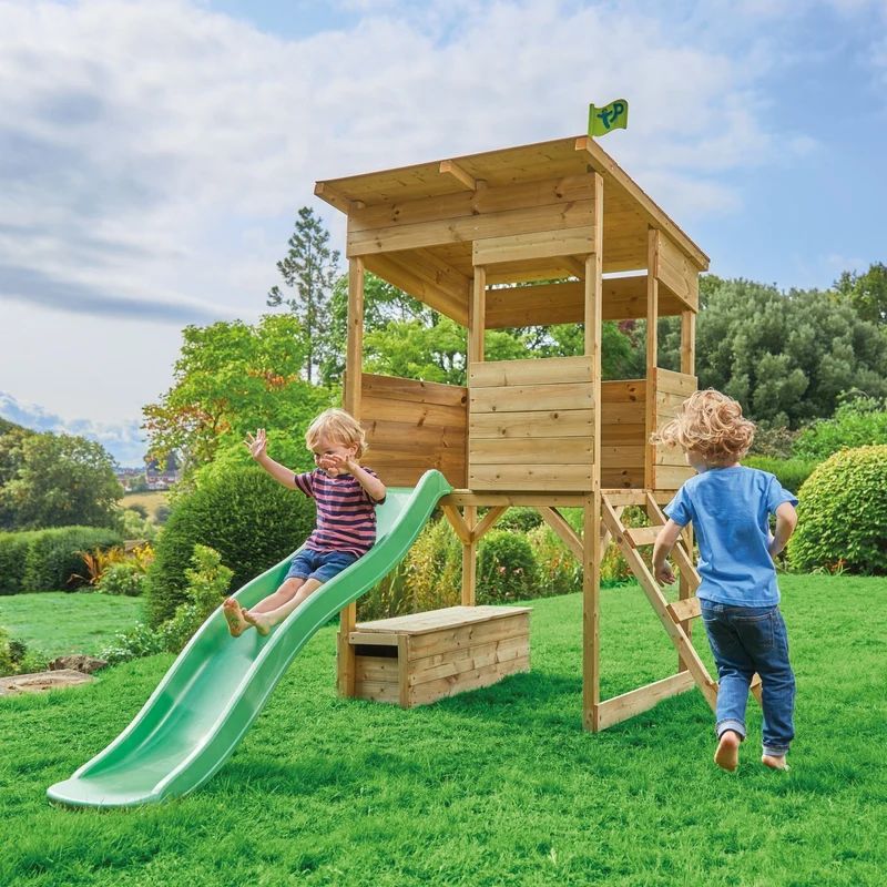 Cabane enfant sur pilotis avec toboggan vert pomme - bois FSC® - CIMES