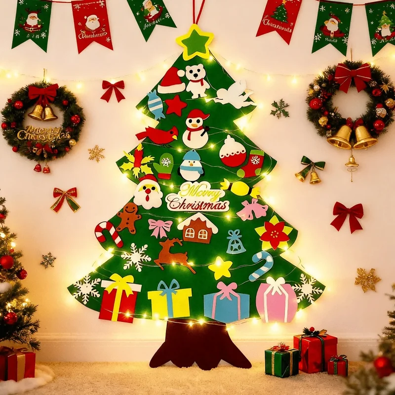 Grand Sapin de Noël en Feutrine – 95 cm + Décos + Guirlande Offerte