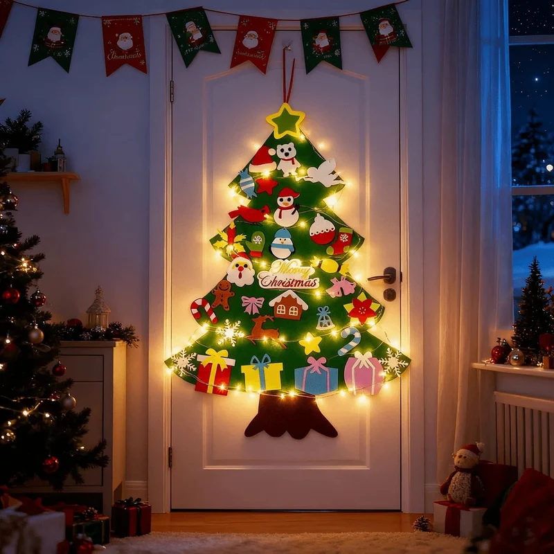 Grand Sapin de Noël en Feutrine – 95 cm + Décos + Guirlande Offerte