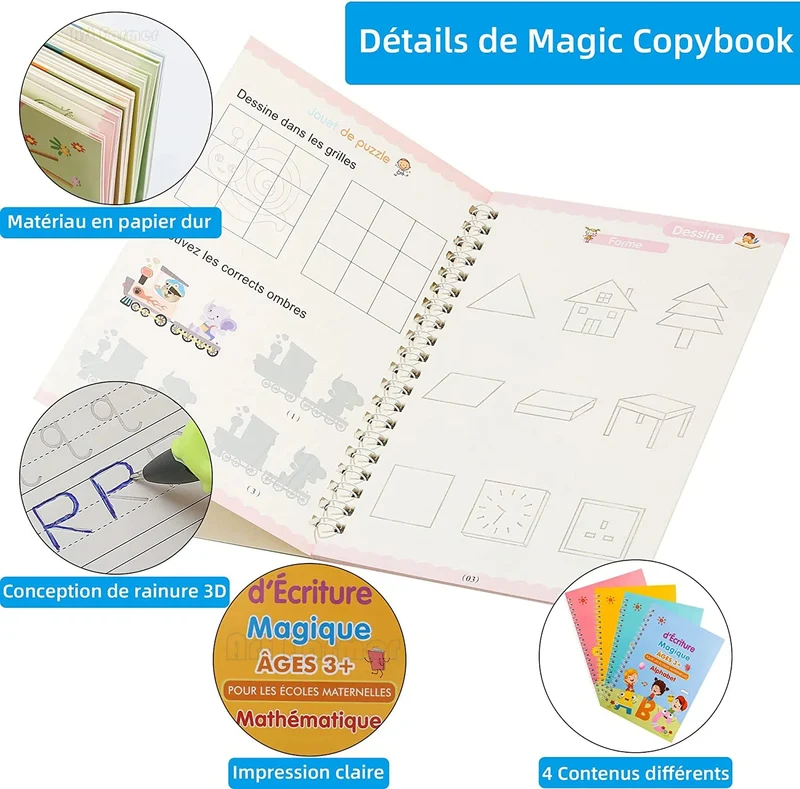 ✏️ Cahiers Magiques Réutilisables – Pack 4 en 1 : Alphabet, Chiffres, Dessin & Écriture