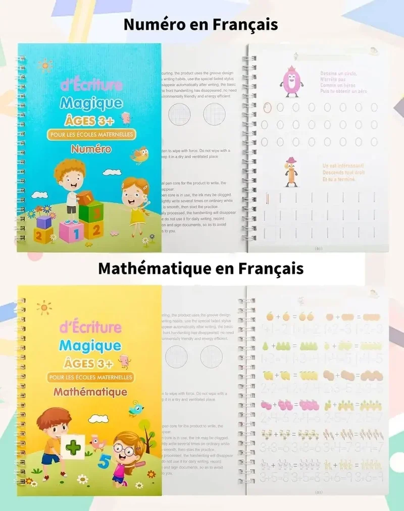 ✏️ Cahiers Magiques Réutilisables – Pack 4 en 1 : Alphabet, Chiffres, Dessin & Écriture