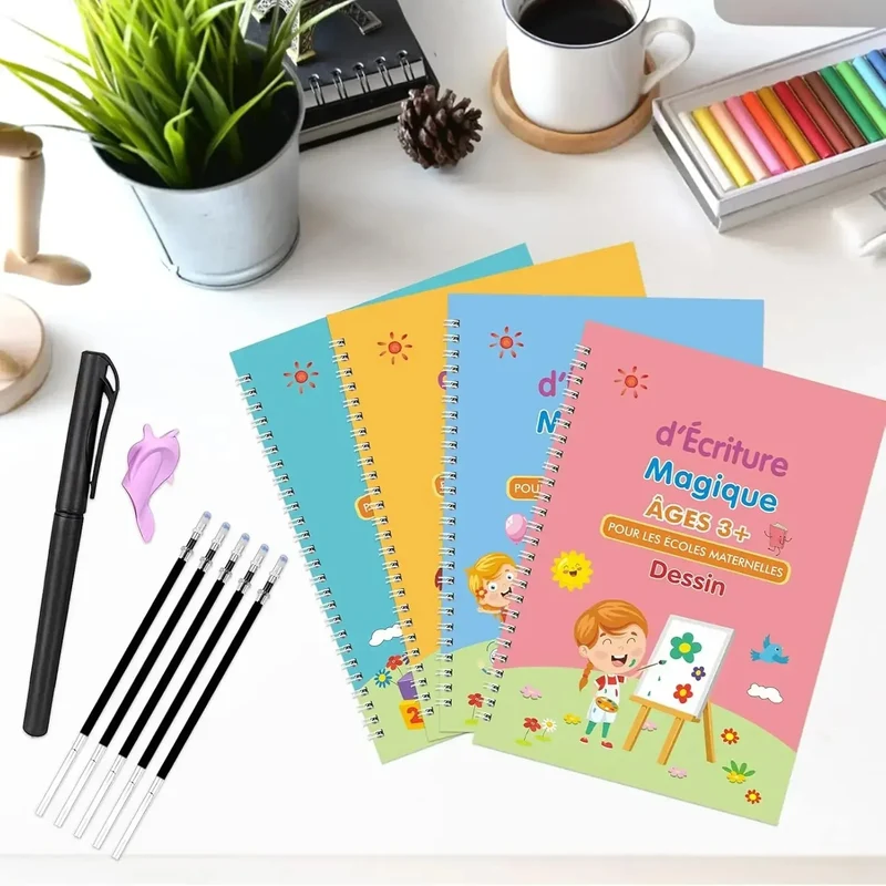 ✏️ Cahiers Magiques Réutilisables – Pack 4 en 1 : Alphabet, Chiffres, Dessin & Écriture
