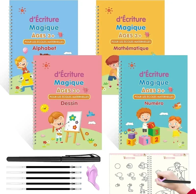✏️ Cahiers Magiques Réutilisables – Pack 4 en 1 : Alphabet, Chiffres, Dessin & Écriture