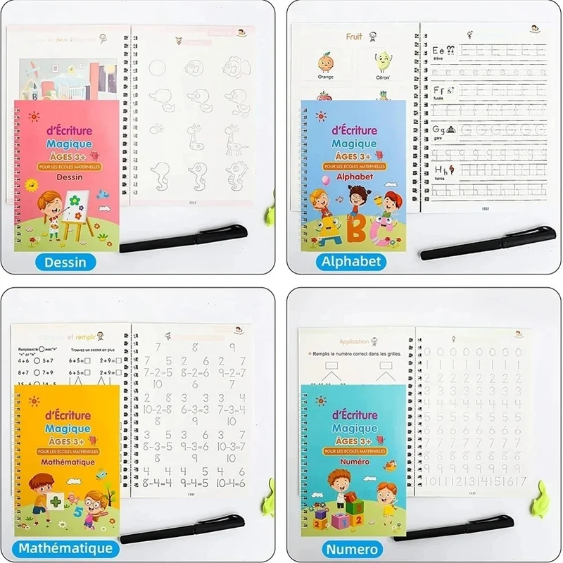 ✏️ Cahiers Magiques Réutilisables – Pack 4 en 1 : Alphabet, Chiffres, Dessin & Écriture