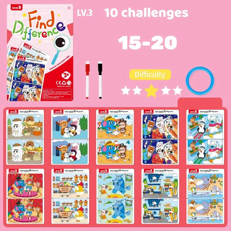 Jeu "Find the Difference" éducatif avec feutre effaçable