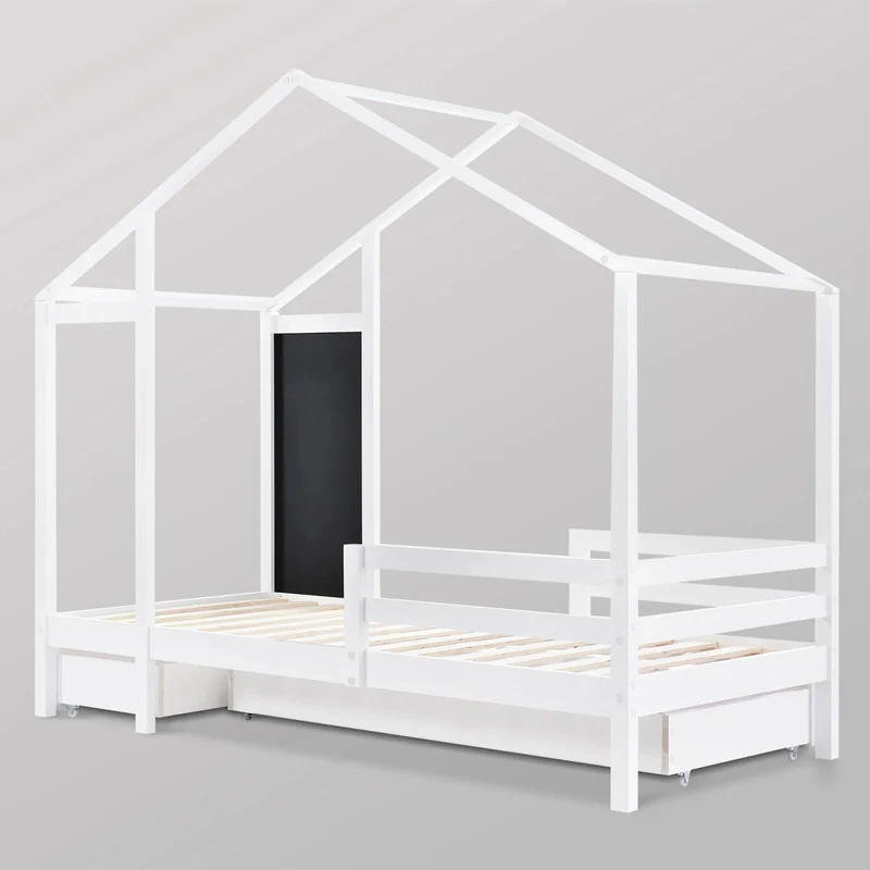 Lit Maison Montessori avec Tableau Noir & 2 Tiroirs