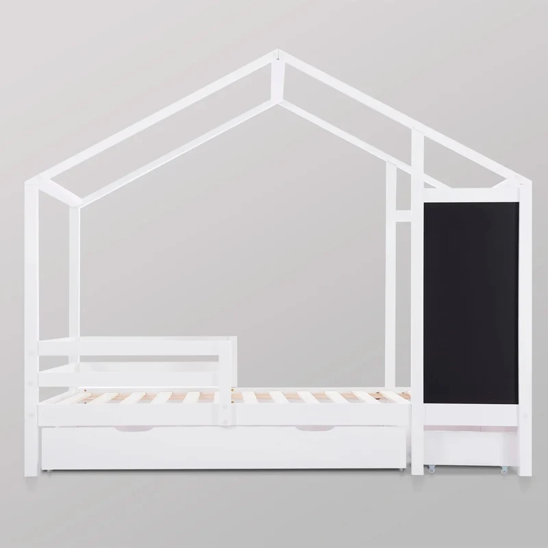 Lit Maison Montessori avec Tableau Noir & 2 Tiroirs