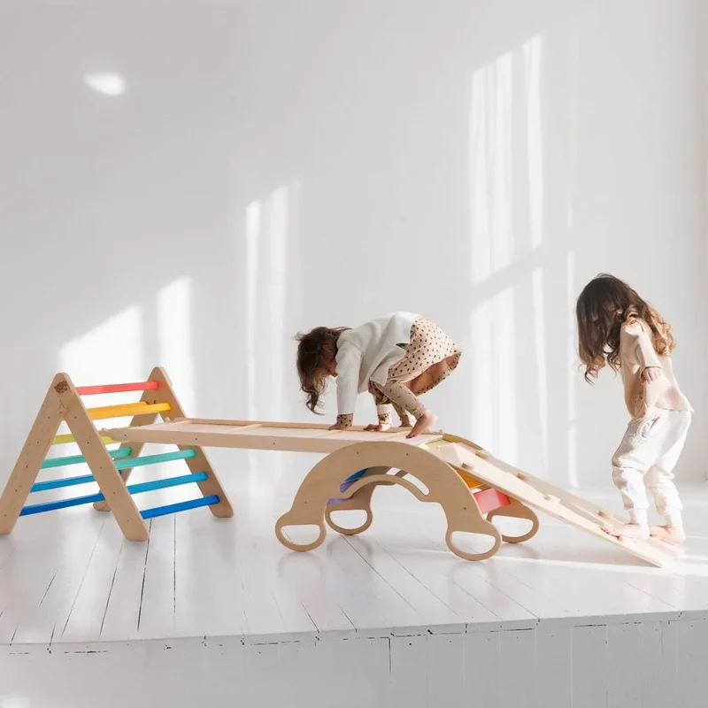 Großes Montessori® Set - Dreieck + 2 Rutschen/Kletterleitern + Schaukel - Hell