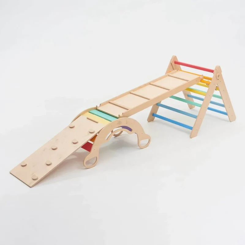 Großes Montessori® Set - Dreieck + 2 Rutschen/Kletterleitern + Schaukel - Hell