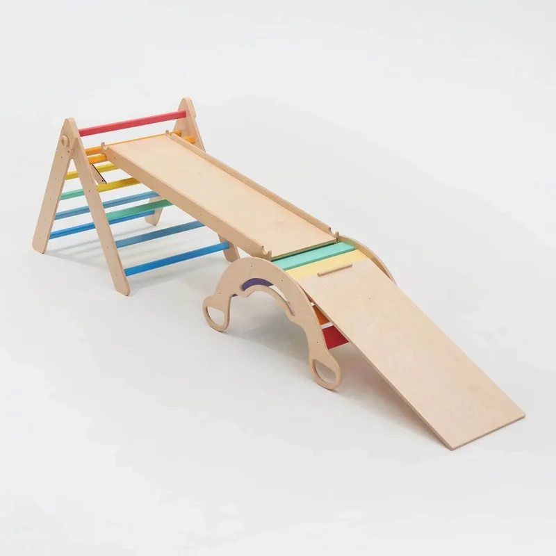Großes Montessori® Set - Dreieck + 2 Rutschen/Kletterleitern + Schaukel - Hell