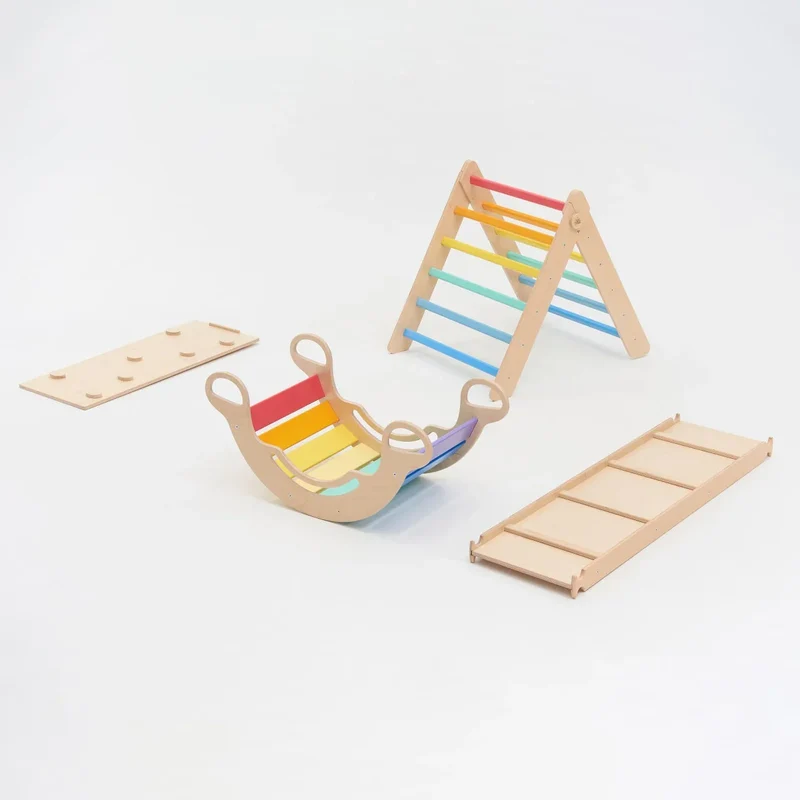 Großes Montessori® Set - Dreieck + 2 Rutschen/Kletterleitern + Schaukel - Hell