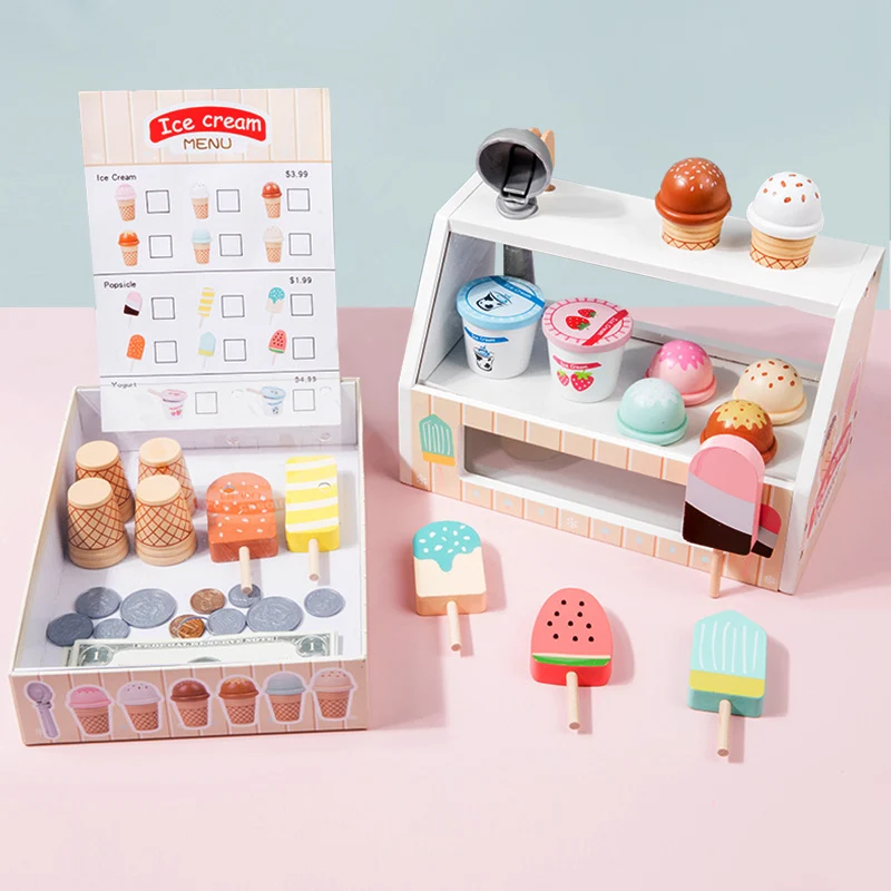 Montessori Eiswagen Spielset aus Holz – Kinder Eisstand & Rollenspiel Spielzeug