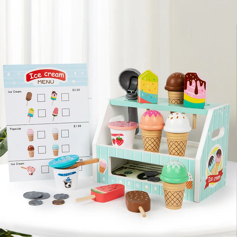 Montessori Eiswagen Spielset aus Holz – Kinder Eisstand & Rollenspiel Spielzeug