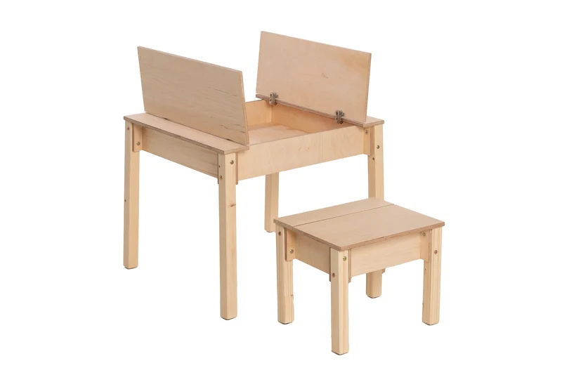 Montessori Kindertisch mit Stauraum & Hocker – Holz Schreibtisch Set für Kinder