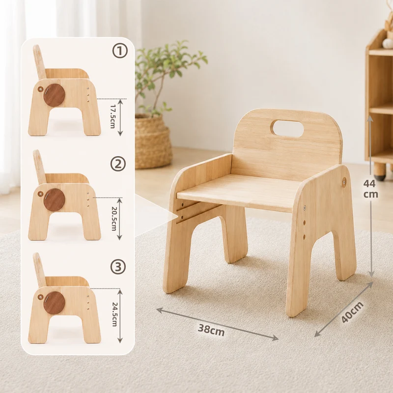 Montessori Kinderstuhl aus Holz – 3-fach höhenverstellbarer Kinderhocker