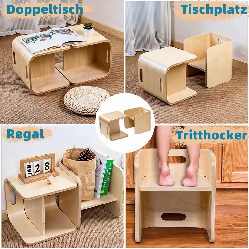 Montessori Holzstuhl – wandelbar als Sitz, Regal & Tritthocker, metallfrei & langlebig