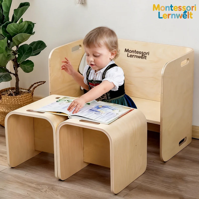 Montessori Holzstuhl – wandelbar als Sitz, Regal & Tritthocker, metallfrei & langlebig