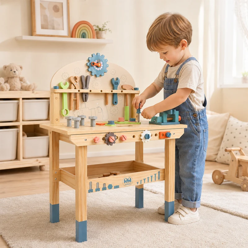 Montessori Werkzeugbank aus Holz für Kinder mit Werkzeugen