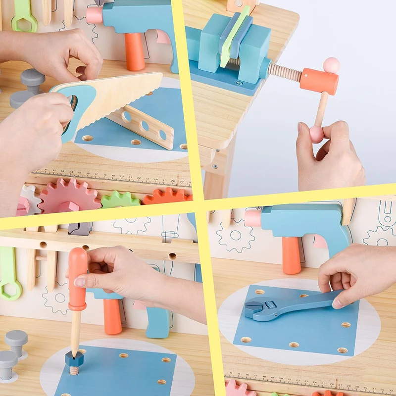 Montessori Werkzeugbank aus Holz für Kinder mit Werkzeugen
