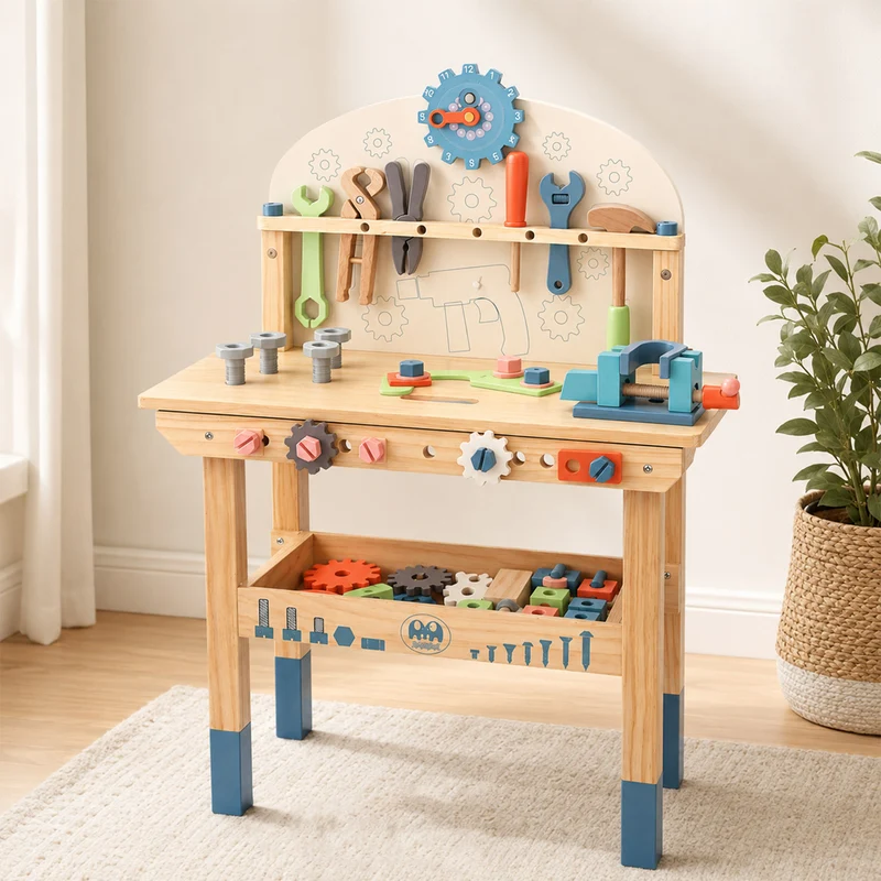 Montessori Werkzeugbank aus Holz für Kinder mit Werkzeugen