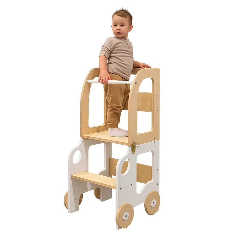 Montessori Lernturm 3-in-1 – Küchenhelfer, Tisch & Stuhl-Auto-Design