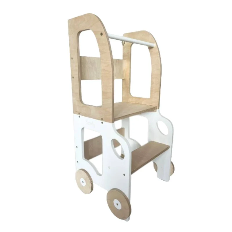 Montessori Lernturm 3-in-1 – Küchenhelfer, Tisch & Stuhl-Auto-Design