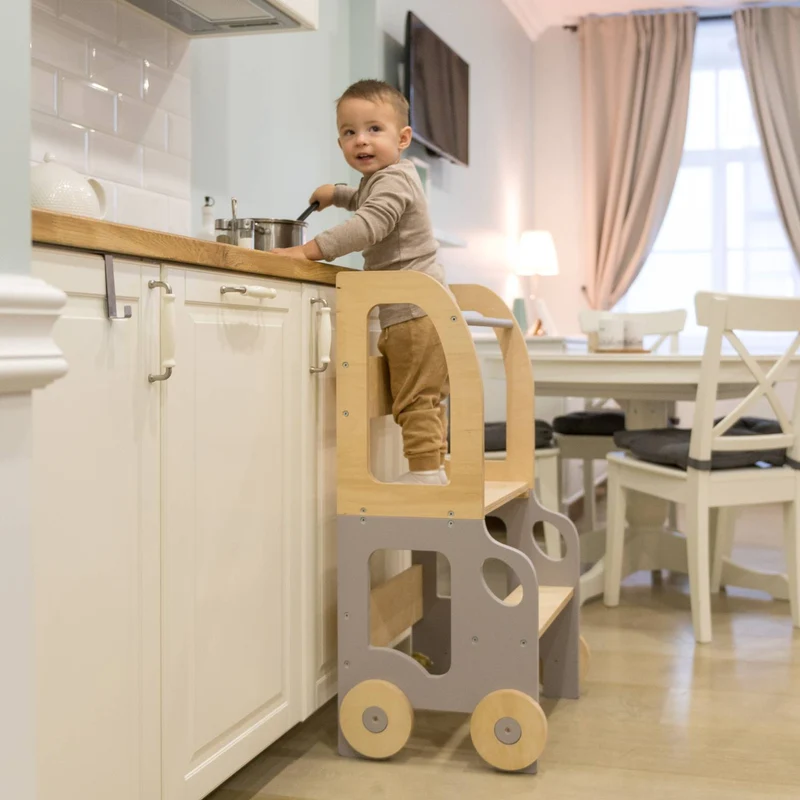 Montessori Lernturm 3-in-1 – Küchenhelfer, Tisch & Stuhl-Auto-Design