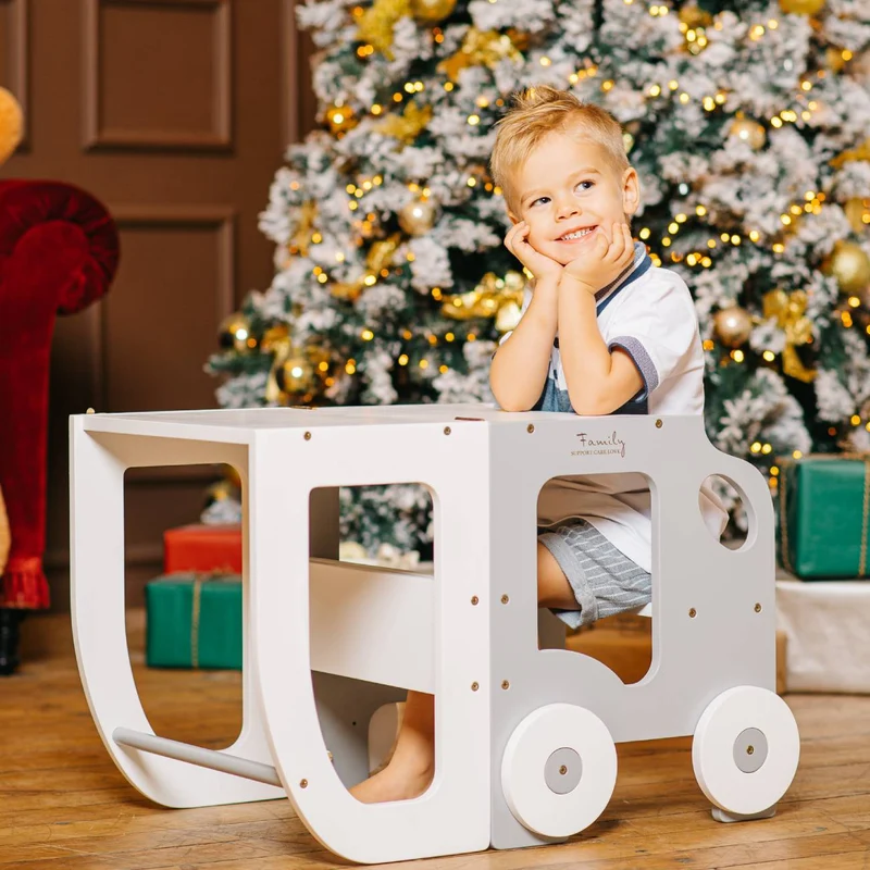 Montessori Lernturm 3-in-1 – Küchenhelfer, Tisch & Stuhl-Auto-Design